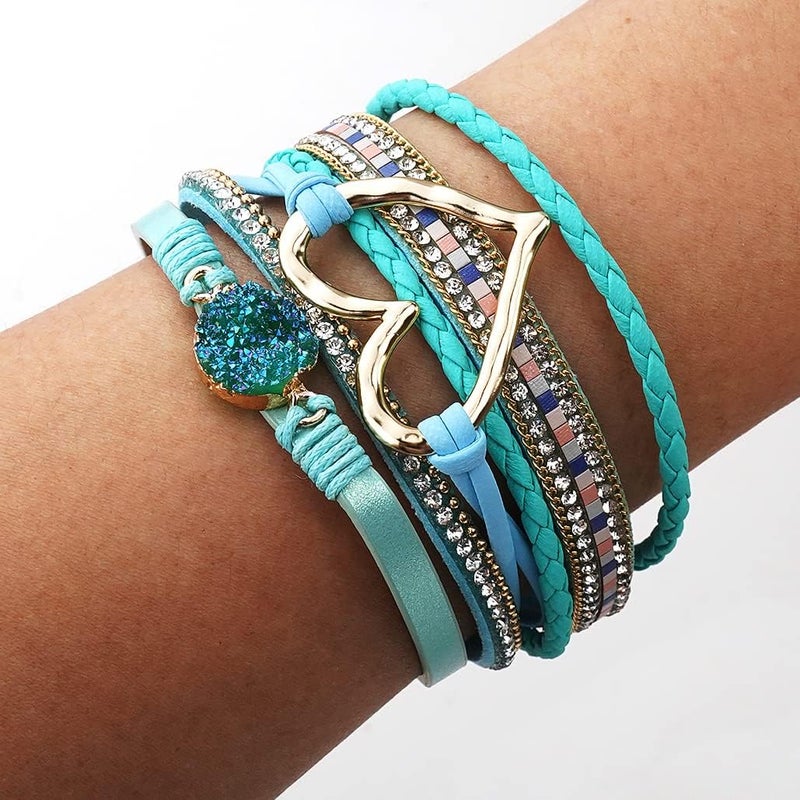 Suyi Multilayer Leather Wrap Bracelet Heart-Shape Wide Cuff Bracelets for Women - Image 3